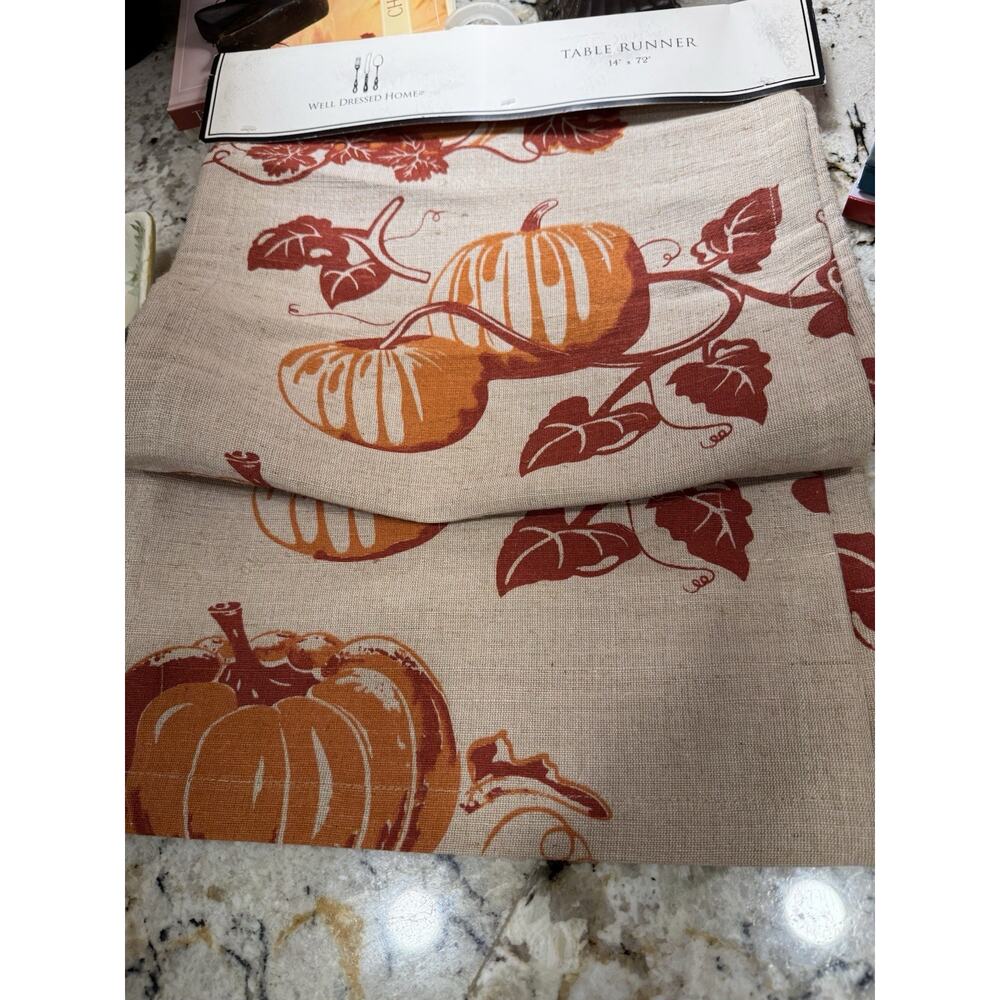 Well Dressed Home Fall Table Runner Pumpkins Orange Tan 14”x72” New